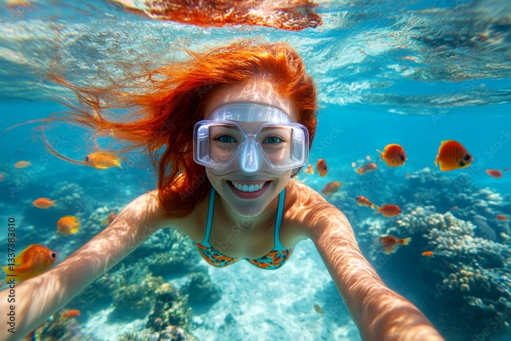 Fototapeta premium Bright commercial style image. Many tropical fish swim next to her. Relaxation in nature. A pretty and sexy happy asian young woman with red hair with a happy face snorkeling among the corals.