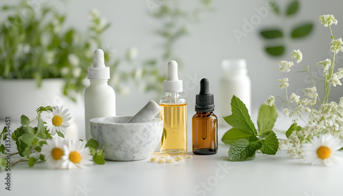 Homeopathy essentials, including glass vials of herbal extracts, medicinal herbs, mortar, pestle, and selection of homeopathic remedies, on a