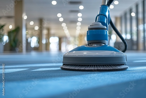 The electric floor cleaning machine is on the blue carpet surface