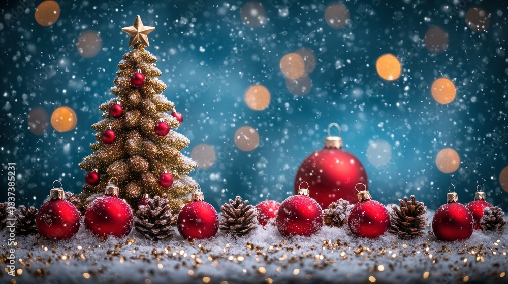 Obraz premium Snowy scene with a gold Christmas tree, red ornaments, and pine cones