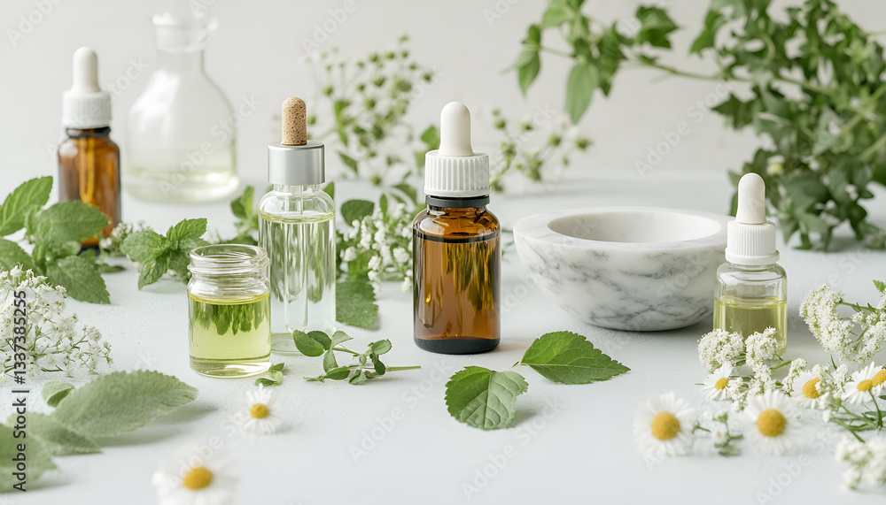 Homeopathy essentials, including glass vials of herbal extracts, medicinal herbs, mortar, pestle, and selection of homeopathic remedies, on a Homeopathy essentials, including glass vials of herbal extracts, medicinal herbs, mortar, pestle, and selection of homeopathic remedies, on a