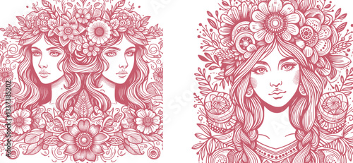 old color Set a Girl with Floral Ornaments Stamp - Elegant and Detailed Design Featuring a Beautiful Girl Surrounded by Intricate Floral Patterns, Perfect for Unique Engravings and Artworks