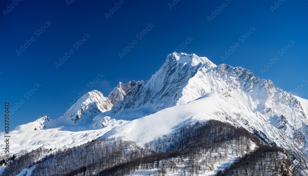 Obraz premium majestic mountain peak covered in snow under a clear blue sky a picturesque winter landscape