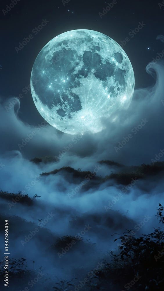 Fototapeta premium A radiant full moon illuminates a misty landscape, casting an ethereal glow on the night. The scene is serene and magical.