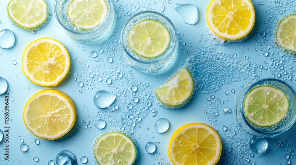 Refreshing citrus drinks, water and fruit slices arranged on a light blue background