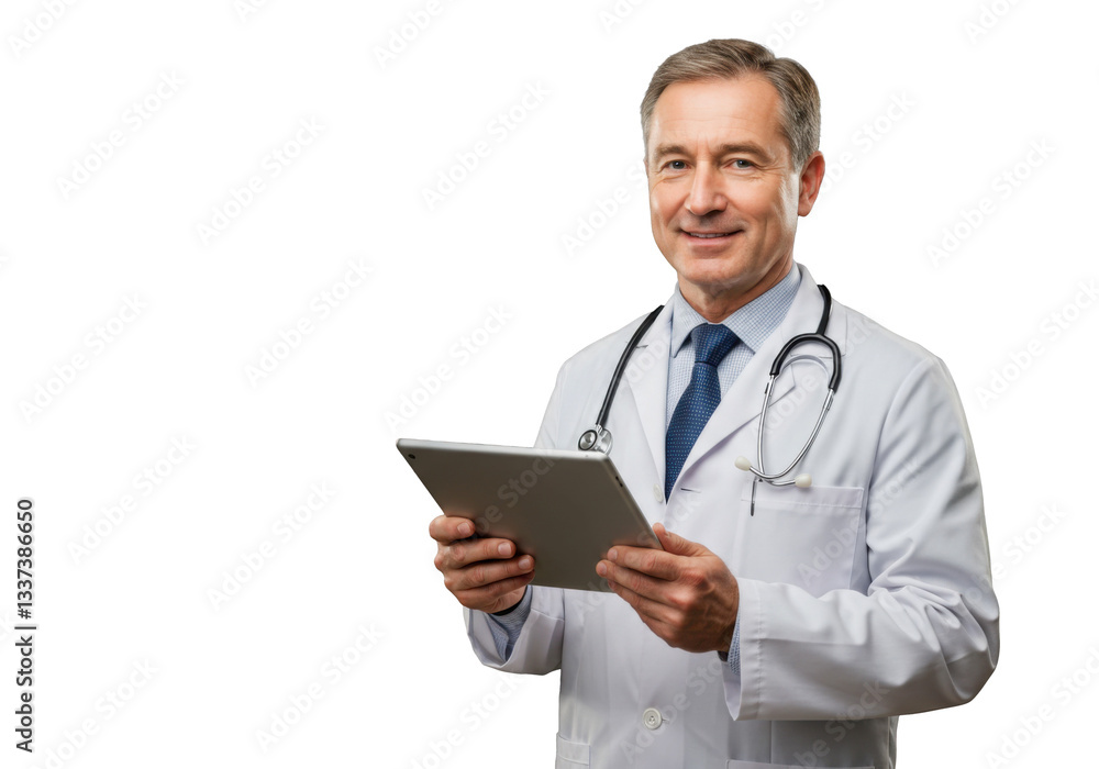 A professional doctor with a smile, holding a digital tablet in a medical environment, isolated on a transparent background. A professional doctor with a smile, holding a digital tablet in a medical environment, isolated on a transparent background.