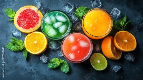 Refreshing fruit juice drinks with ice and herbs
