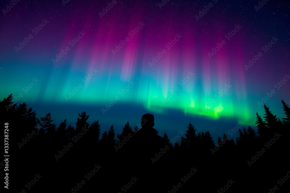 Naklejka premium Aurora borealis, night sky, colorful lights, silhouette forest, vibrant pink and teal, starry night, cosmic phenomenon, magical atmosphere, northern lights display, dark landscape, ethereal glow, 
