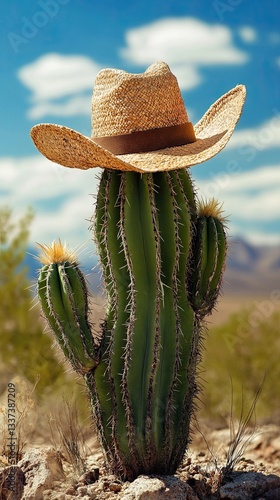 A cactus wearing a cowboy hat in a desert setting with a blurred background.