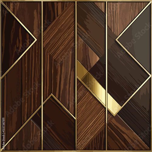 Elegant Abstract Wood Paneling with Gold Inlay and Geometric Design