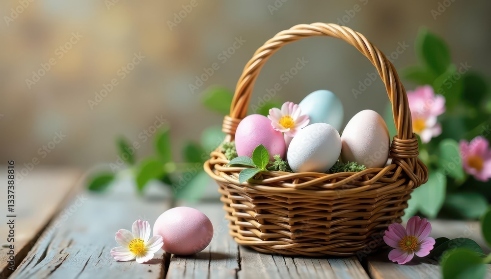 Rustic woven basket filled with pastel eggs and a delicate bouquet , rural, eggs Rustic woven basket filled with pastel eggs and a delicate bouquet , rural, eggs