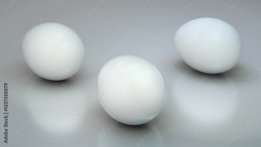Three pure white 3D eggs rotating on a grey endless floor. Perfect loop. Three pure white 3D eggs rotating on a grey endless floor. Perfect loop.