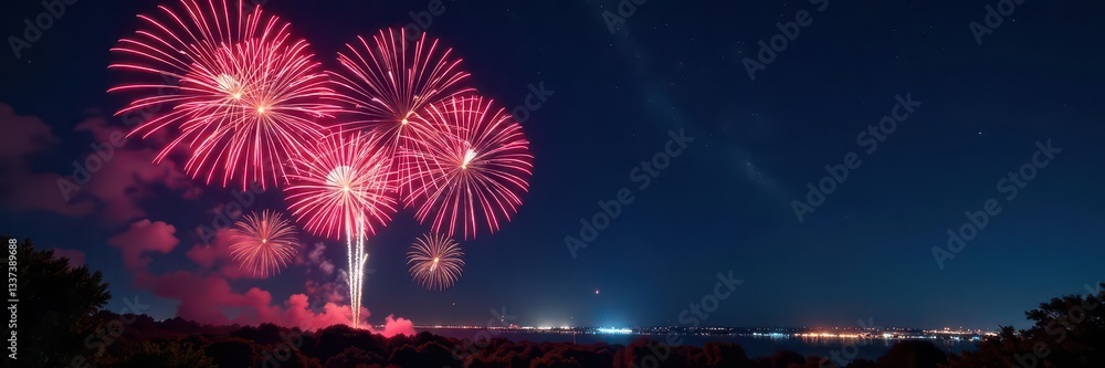 Vibrant fireworks display against a dark night sky , winter, new year Vibrant fireworks display against a dark night sky , winter, new year
