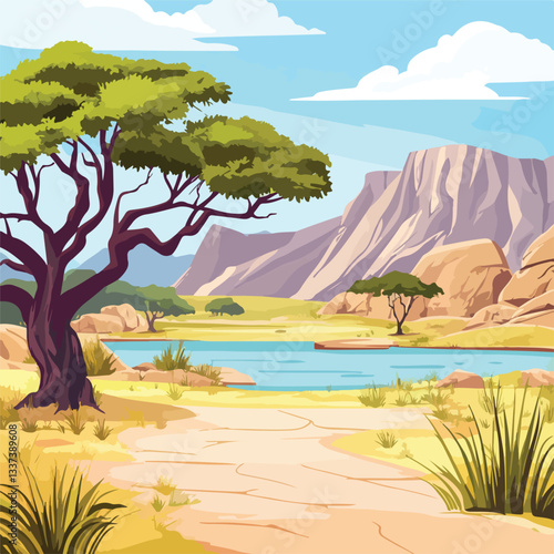 African Savanna Landscape with Acacia Tree and Water