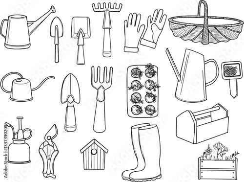 Illustration jardinage arrosoir bêche pelle râteau bottes jardinière vecteur trait noir