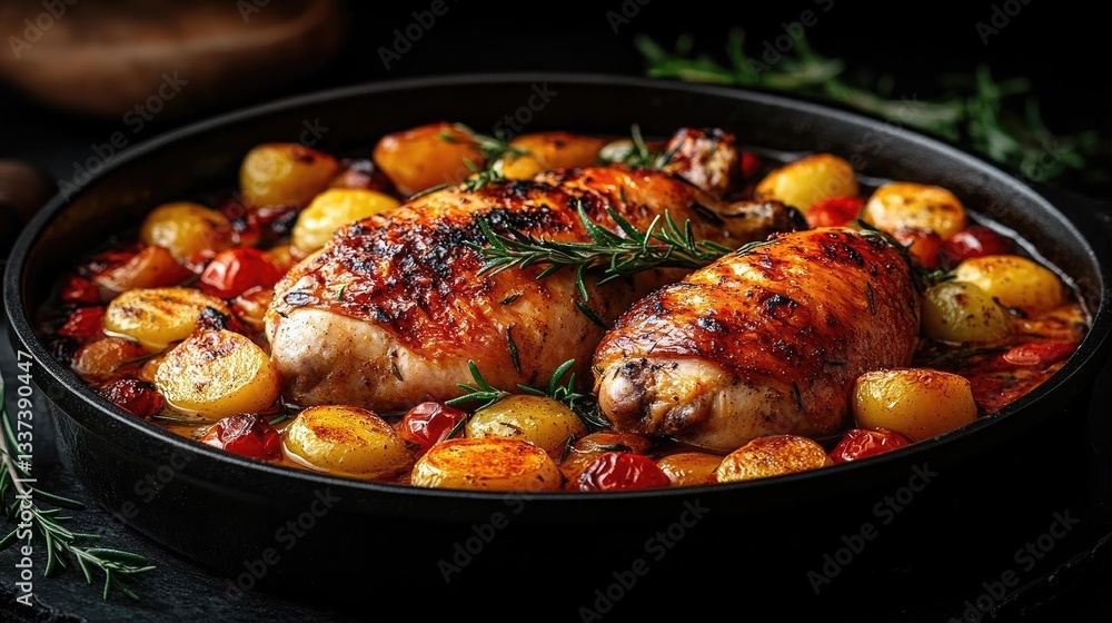 Fototapeta premium Roasted chicken with vegetables served in a rustic dish, garnished with herbs on a dark background