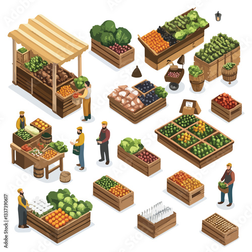 Isometric Wooden Stalls at Agriculture Market