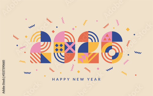 2026 New Year banner with numbers from simple geometric shapes and figures inside confetti. Template for greeting card, invitation, poster, flyer, web. Vector illustration isolated on background.