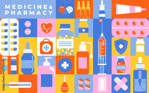 Geometric tile banner of medicine or pharmacy with simple symbols of medicines from first aid kit for medical aid. Supplement medicine concept.World Health Day. Template for banner,poster,flyer.Vector