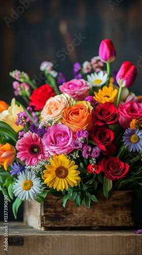Vibrant Spring Bouquet of Mixed Flowers Arranged on Rustic Wooden Background