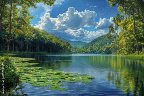 Serene Lake Reflecting Sky Surrounded by Lush Pine Forests in Daylight