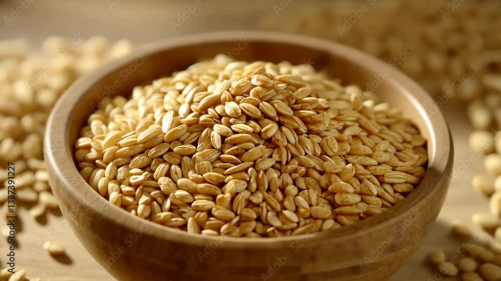 Brown bowl filled with golden oats on a wooden surface with scattered grains in natural light Brown bowl filled with golden oats on a wooden surface with scattered grains in natural light