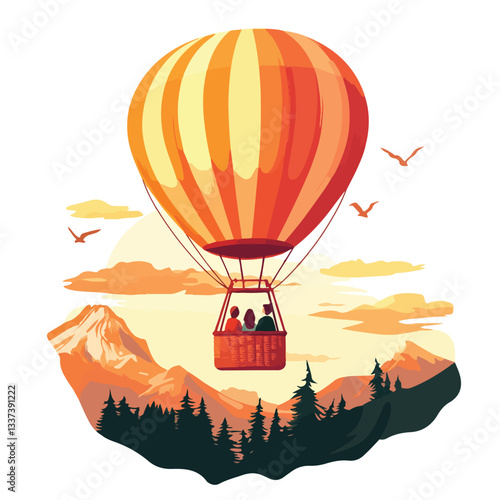 Romantic Couple Flying in Air Balloon Cartoon Vector Illustration
