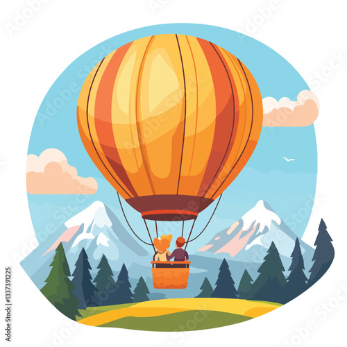Romantic Couple Flying in Air Balloon Cartoon Vector Illustration