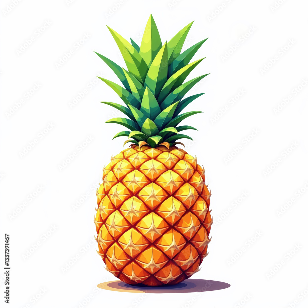 A vivid, detailed illustration of a ripe pineapple with a lush green crown, set against a white background. A vivid, detailed illustration of a ripe pineapple with a lush green crown, set against a white background.