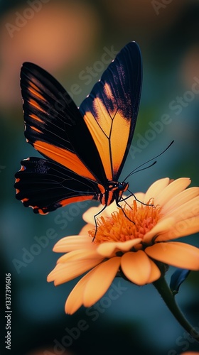 Colorful Butterfly Feeding on Blooming Flowers in a Lush Garden