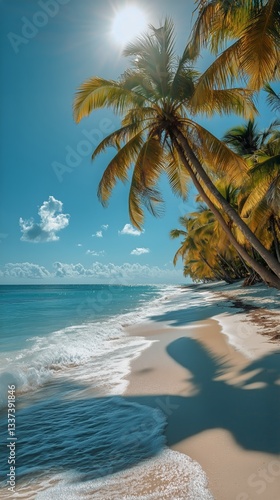 Sunshine on a Tranquil Beach With Gentle Waves and Palm Trees Near the Shore