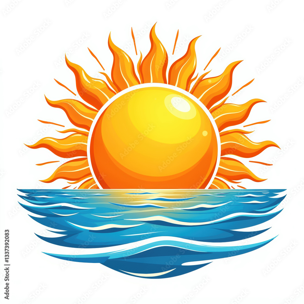 Naklejka premium A vibrant illustration of a glowing sun setting over calm waves, evoking a sense of tranquility and warmth, with bright orange and yellow hues, set against a white background.