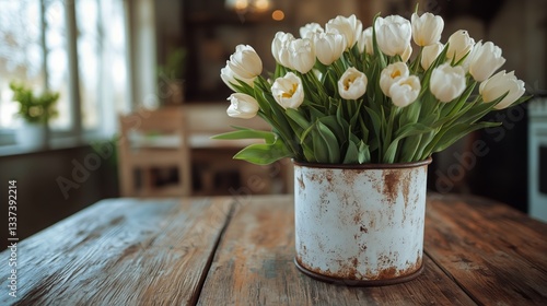 Beautiful White Tulips in a Rustic Pot Placed on a Wooden Table in a Cozy Ind...