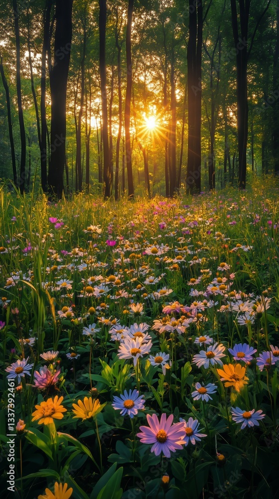 Obraz premium Vibrant Wildflowers Bloom Under Golden Sunset Rays in a Serene Forest Setting