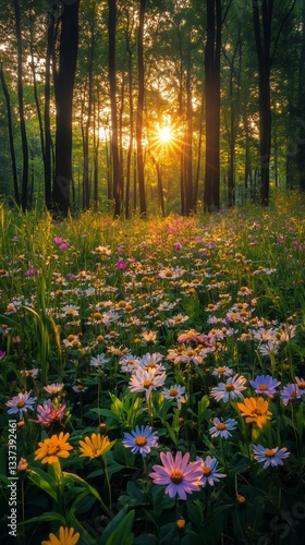 Vibrant Wildflowers Bloom Under Golden Sunset Rays in a Serene Forest Setting