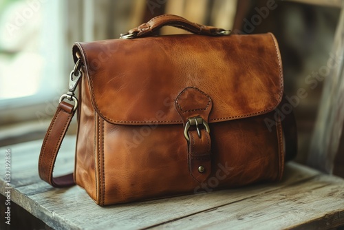Stylish Brown Leather Bag Resting on a Wooden Table in a Cozy Indoor Setting