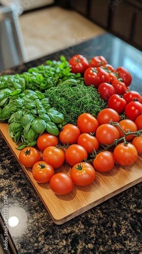 Freshly Harvested Tomatoes and Herbs Arranged on a Wooden Cutting Board in a ...
