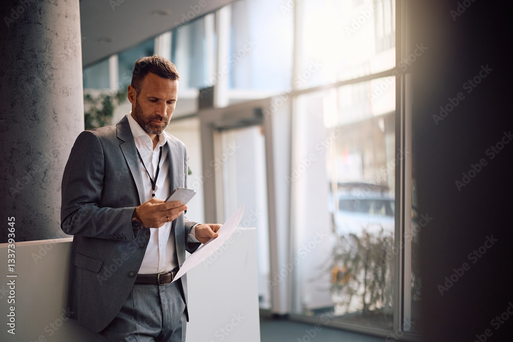 Fototapeta premium Businessman using cell phone while analyzing reports in office.