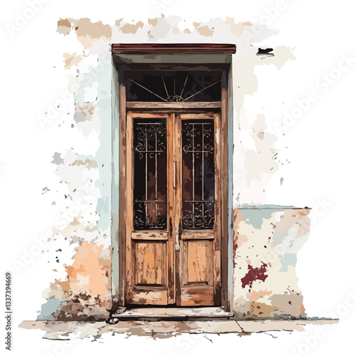 Vintage Wooden Door with Iron Grate Decoration
