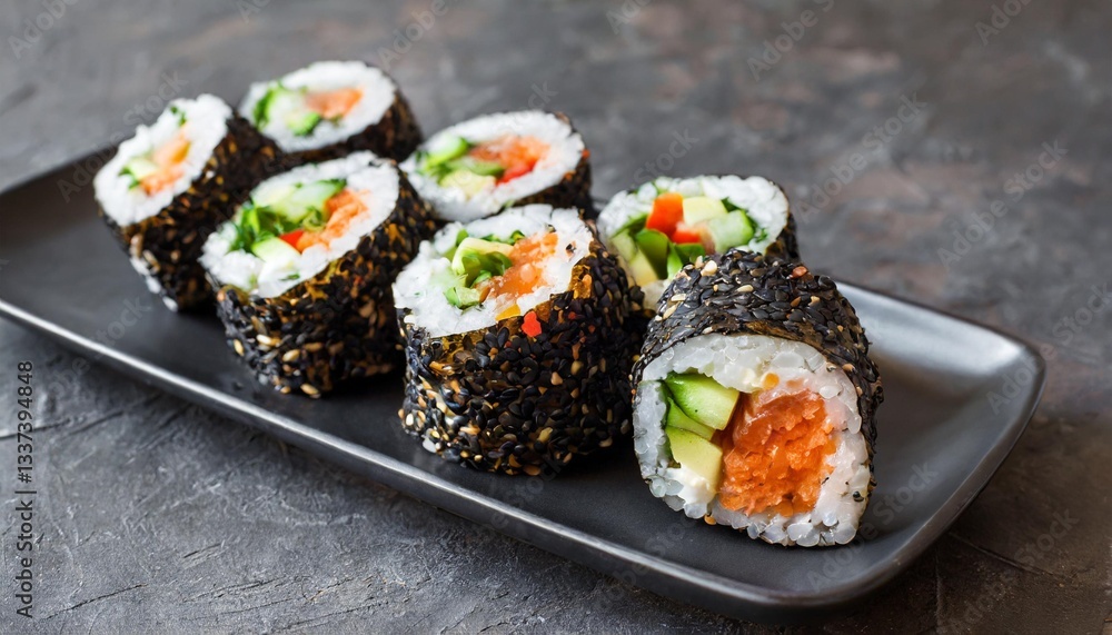 Black rice vegetable sushi rolls on black plate with dark background Black rice vegetable sushi rolls on black plate with dark background