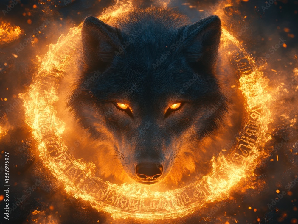 Fiery Wolf Encircled, Fantasy, Dark Background, Game Art Fiery Wolf Encircled, Fantasy, Dark Background, Game Art