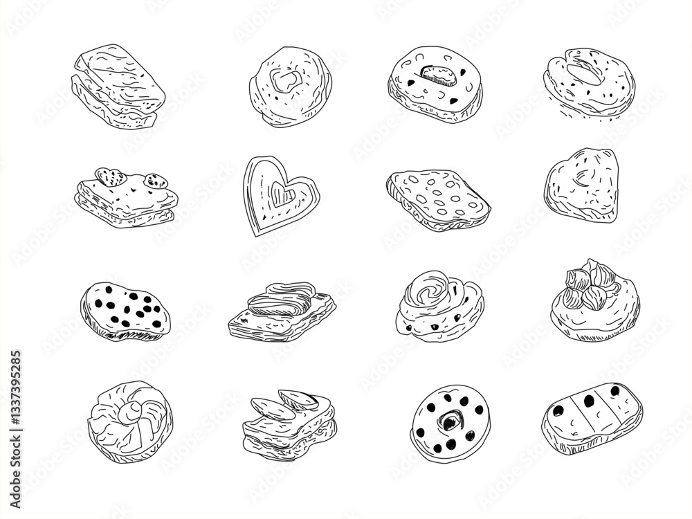 Cookies and biscuits doodle set. Chocolate Chip Cookies doodle seamless pattern. Collection of hand-drawn pastries. Cute cookie seamless pattern background. biscuits pattern background. Cookies and biscuits doodle set. Chocolate Chip Cookies doodle seamless pattern. Collection of hand-drawn pastries. Cute cookie seamless pattern background. biscuits pattern background.