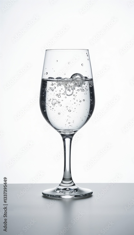 Elegant wine glass filled with sparkling water on a white background Elegant wine glass filled with sparkling water on a white background