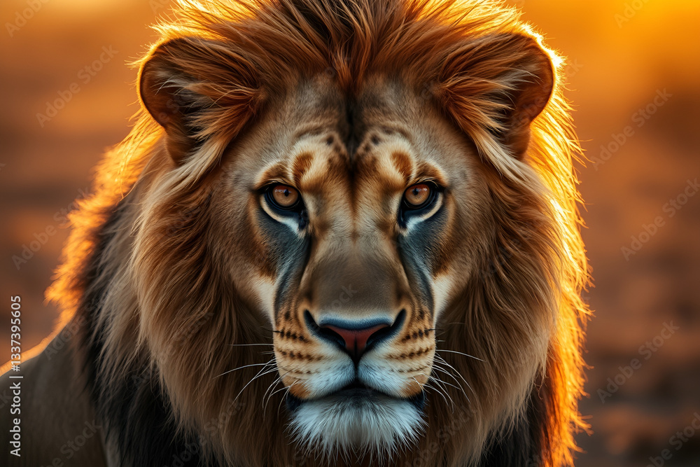 Fototapeta premium Lion portrait, regal mane, piercing blue eyes, golden hour lighting, majestic, close-up, hyper-realistic, dramatic, intense gaze, orange sky background, digital art, highly detailed, cinematic,