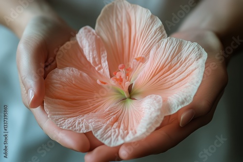 Hands Gently Holding a Beautiful Peach Ranunculus Flower in a Serene Setting