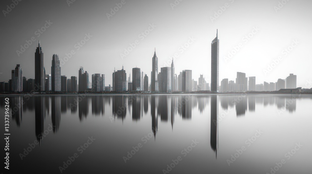 Fototapeta premium Grey city skyline reflected in calm water