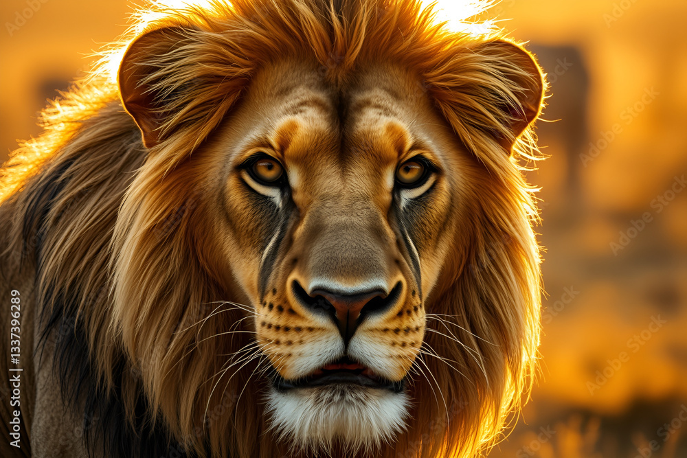 Fototapeta premium majestic lion portrait, golden hour lighting, intense gaze, detailed fur texture, close-up shot, vibrant orange background, ethereal atmosphere, high contrast, dramatic shadows, wildlife photography, 