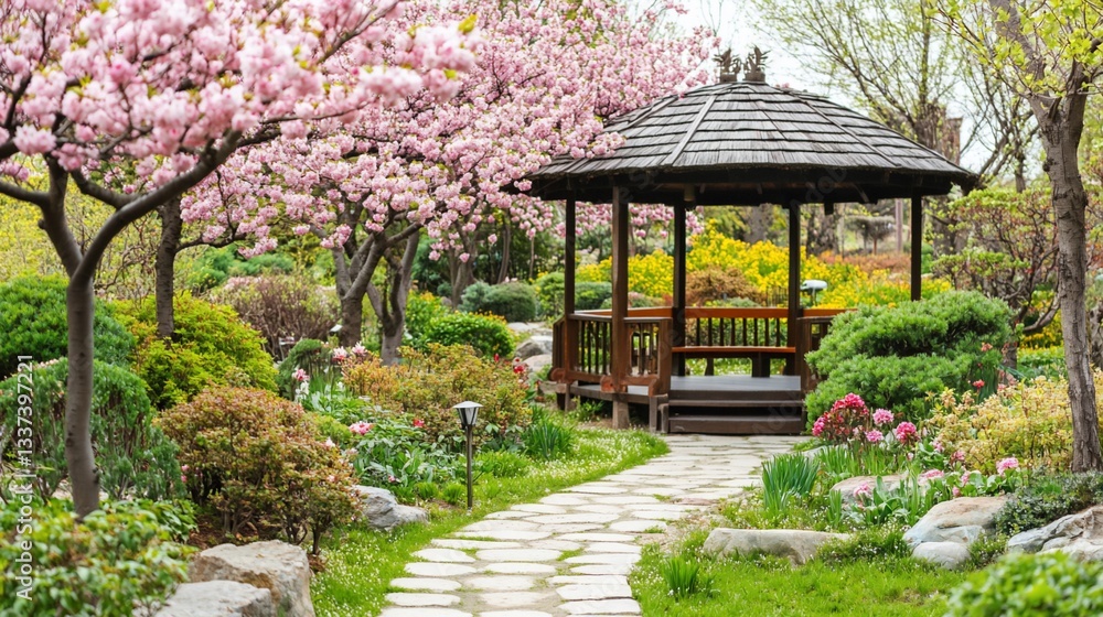 Peaceful Japanese-style garden with cherry blossoms and gazebo. Lush greenery, stone pathways, and a tranquil atmosphere