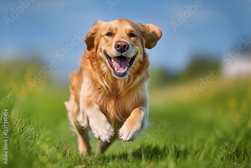 Happy Golden Retriever Running Through a Green Field on a Sunny Day