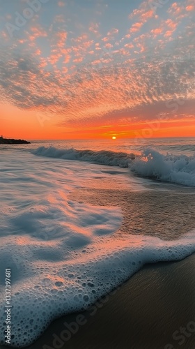 Vibrant Sunset Over Calm Ocean Waves Reflecting Warm Colors at Beach